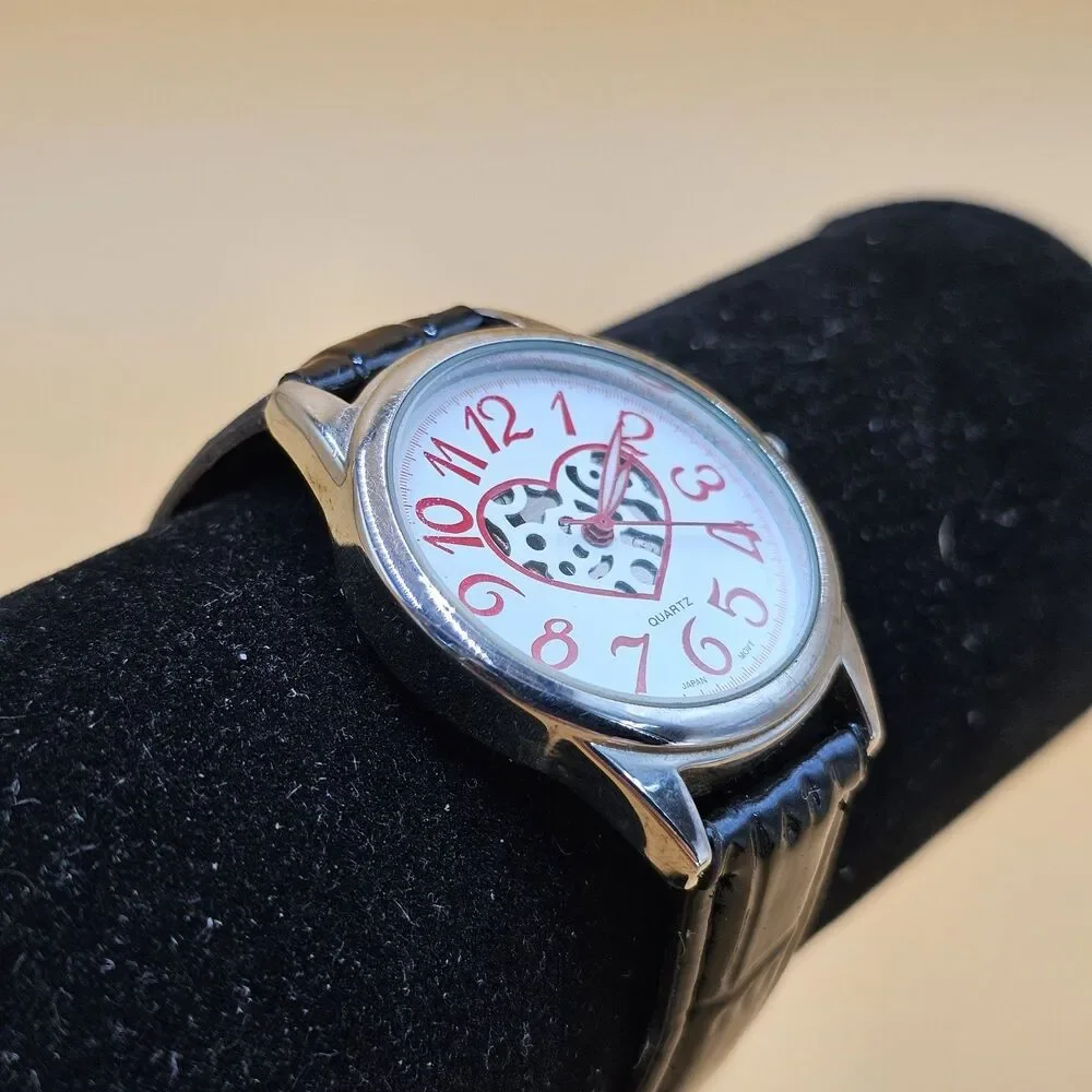 Vintage Avon Skeleton Heart Dial Ladies Watch Black Leather Band New Battery